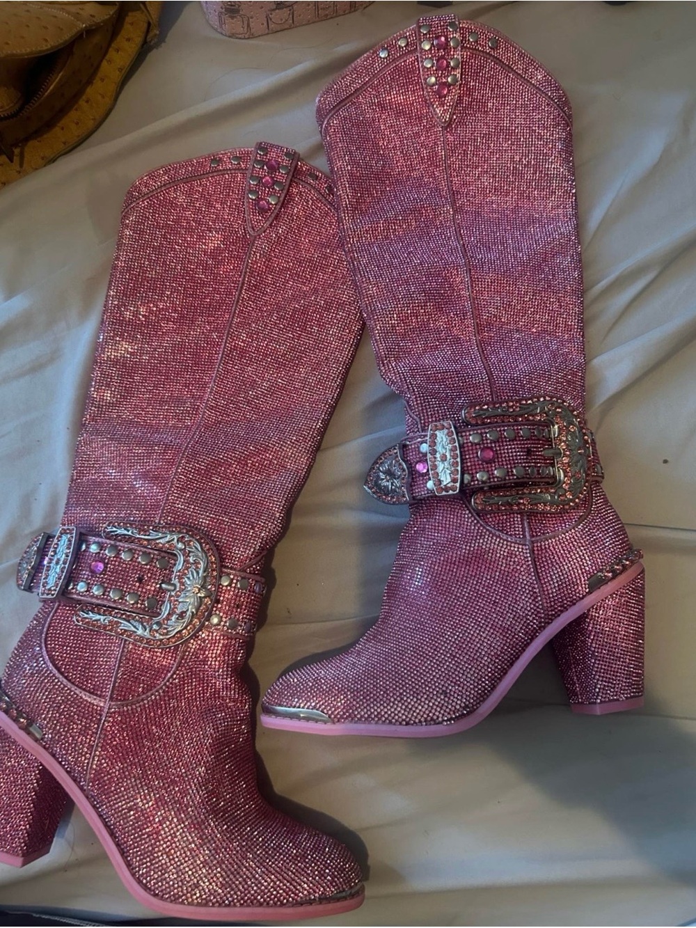 Dolls Kill Pink Glitter Western Boots with Embellished Buckle